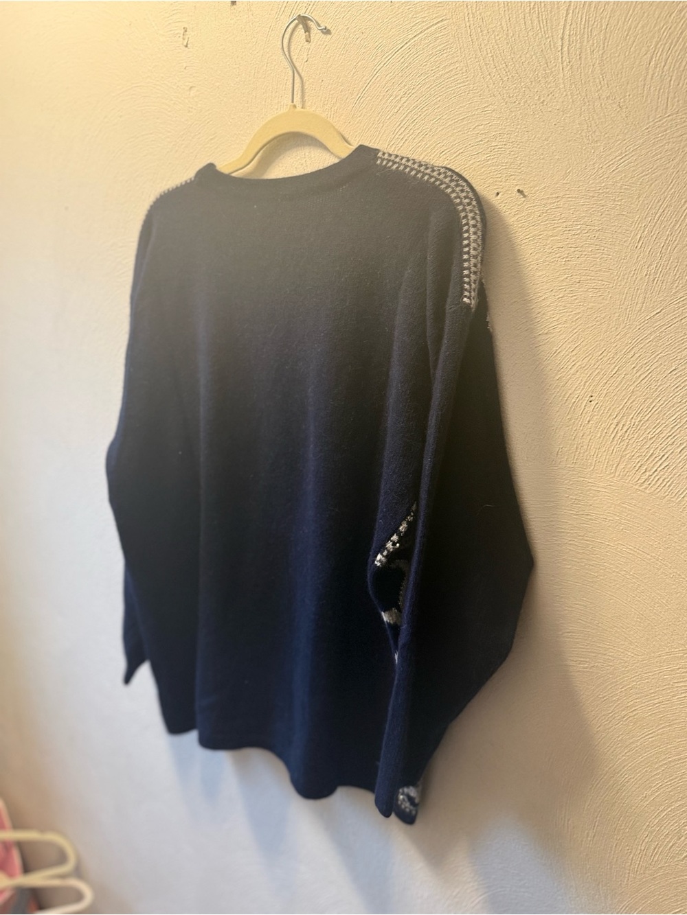 Vintage Lambswool Angora Rabbit Hair Navy Geometric Fair Isle Nordic Sweater XL - Picture 3 of 5